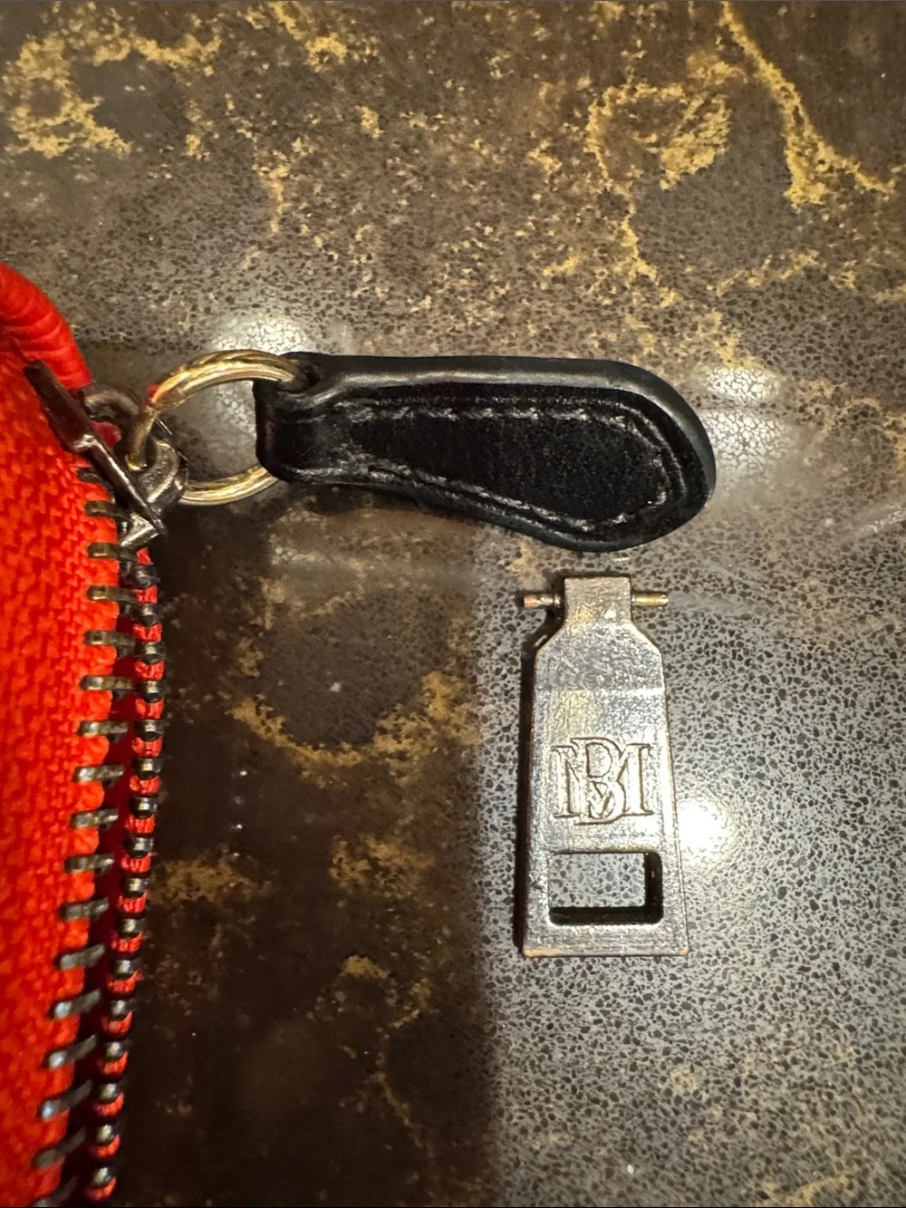 Badgley Mischka Red Zip Wallet with Embossed Logo zipper pull replaced